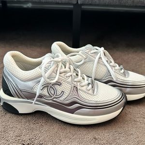 Chanel silver and white tenis shoes